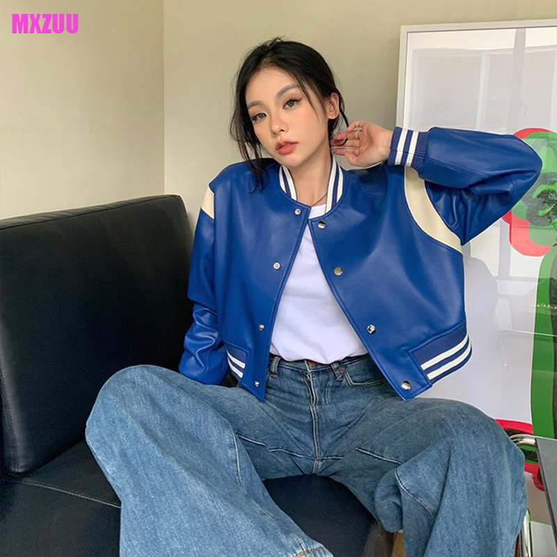 Abrigos de moto de piel de oveja azul para mujer, chaqueta de béisbol de cuero genuino con cuello redondo y costuras de Color contrastante para primavera