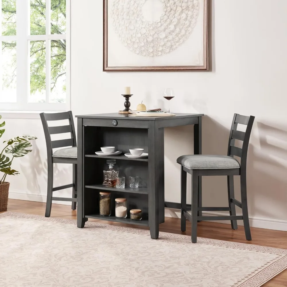 Small Bar Table and Chairs Set for 2,3-Piece Kitchen Dining Room Table Set with Storage Shelves & Charging Station,Space-Saving