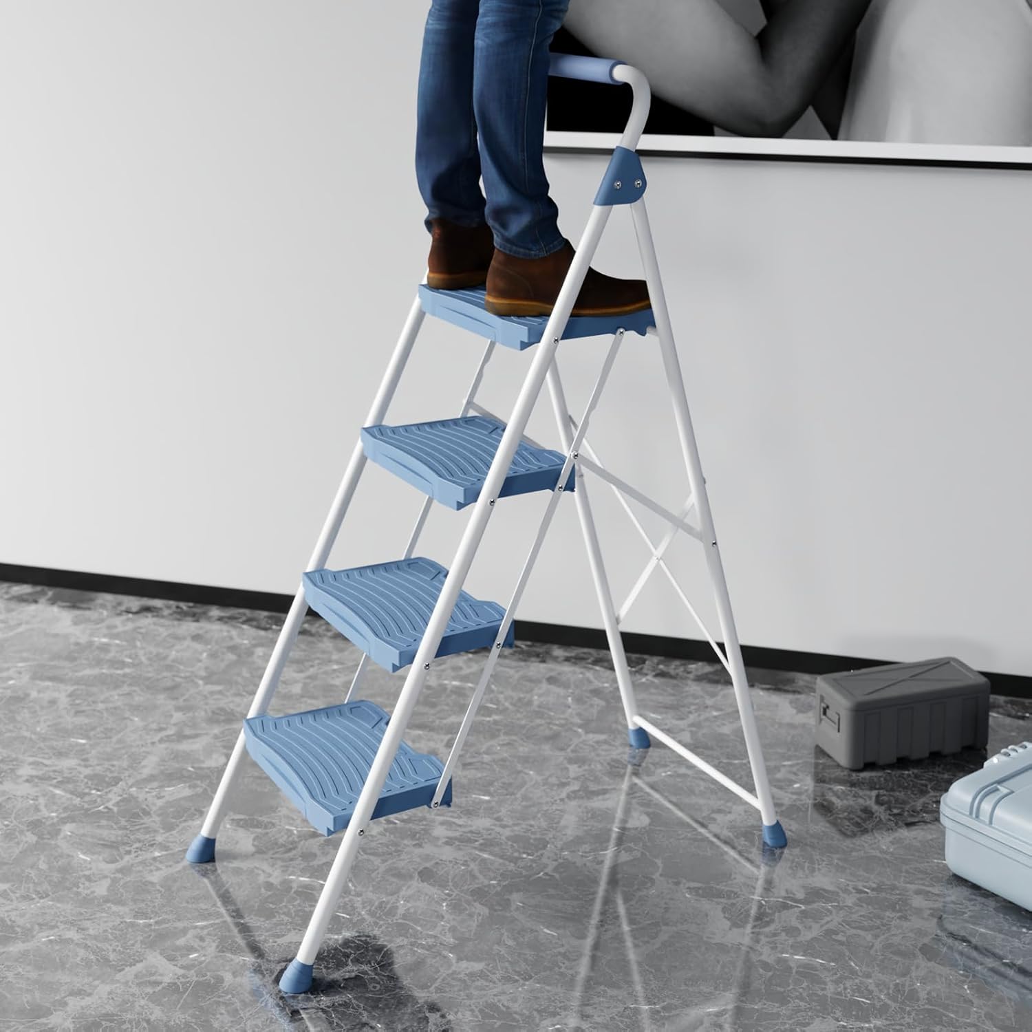 Non-slip wide pedal, foldable step stool, suitable for home, garage, garden, blue, secure lock,