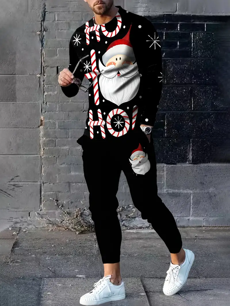 Traje de manga larga con estampado navideño 3D para hombre, Sudadera de cuello redondo y pantalones largos, ropa de moda para correr