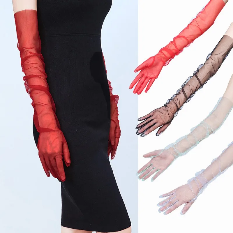 Guanti lunghi da donna in tulle trasparente per accessori da sposa da sposa Guanti da dito trasparenti per feste