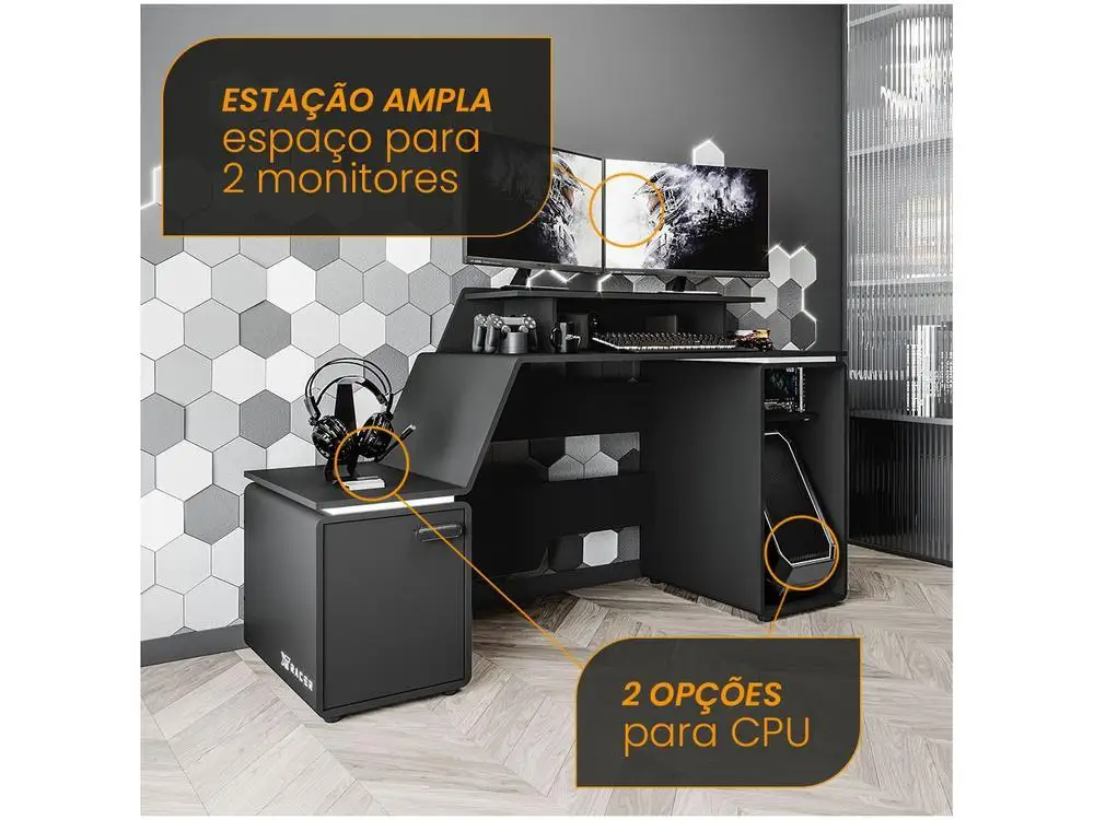 Mesa Gamer XT Racer Space Two Preto e Branco 2 Nichos 1 Porta