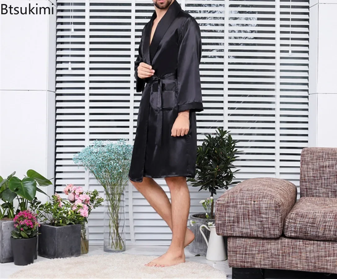 2025 ชายฤดูร้อนบางชุดนอน Robes ผู้ชาย Homewear แขนยาวเสื้อคลุมอาบน้ํากิโมโนผ้าไหมสีดําซาตินชุดนอนชาย Lounge ชุดนอน