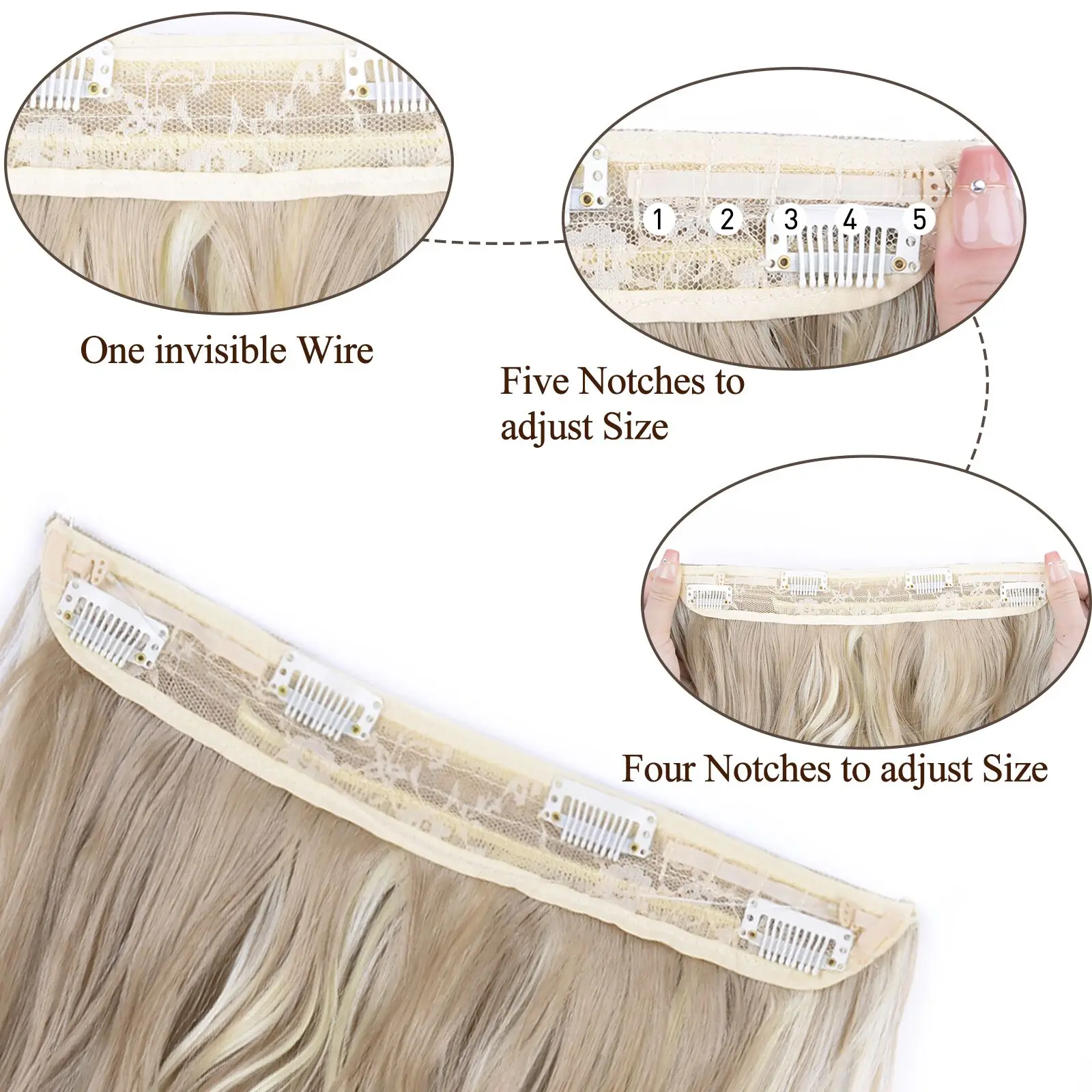 Extensões de cabelo sintéticas com 4 clipes, fio invisível, longo, ondulado, linha de peixe natural, uma peça, extensão de cabelo falsa para mulheres