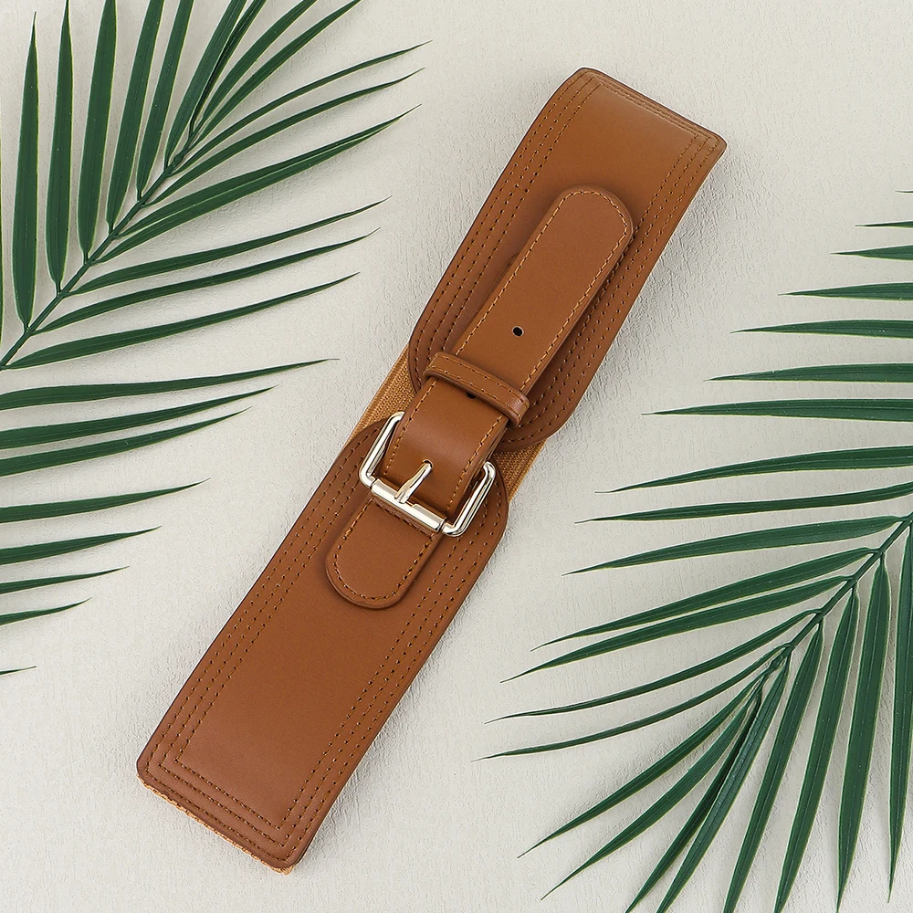 Cinto feminino elástico com fivela de pino quadrado, cinto largo elástico com jaqueta de terno