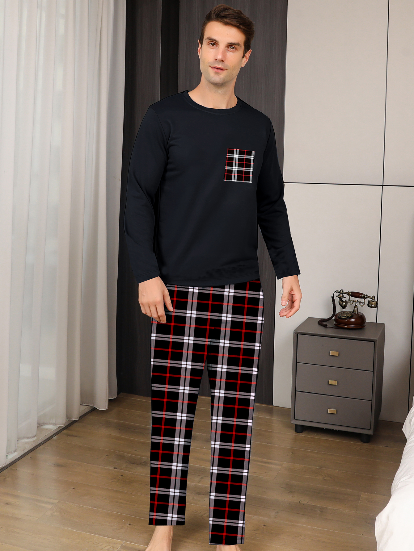Conjunto de pijama de dos piezas para hombre ropa de dormir a cuadros pantalones de manga larga Otoño e Invierno