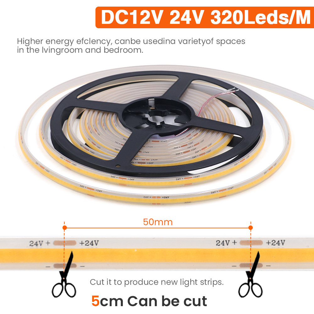 Tira cob à prova d'água ip68, 12v, 24v, 320leds/m, ra90, 3000k, 4000k, 6000k, decoração de jardim doméstico, fita flexível, luz led, 1m, 10m, 20m