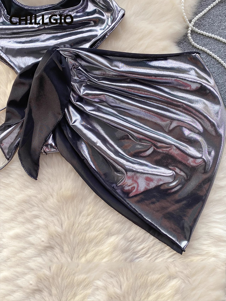 CHILLGIO ผู้หญิงเซ็กซี่ METALLIC Feeling Jumpsuits กระโปรงเสื้อผ้าชุด Hollowed BANDAGE Halter Rompers Combi-กางเกงแน่น Bodysuits