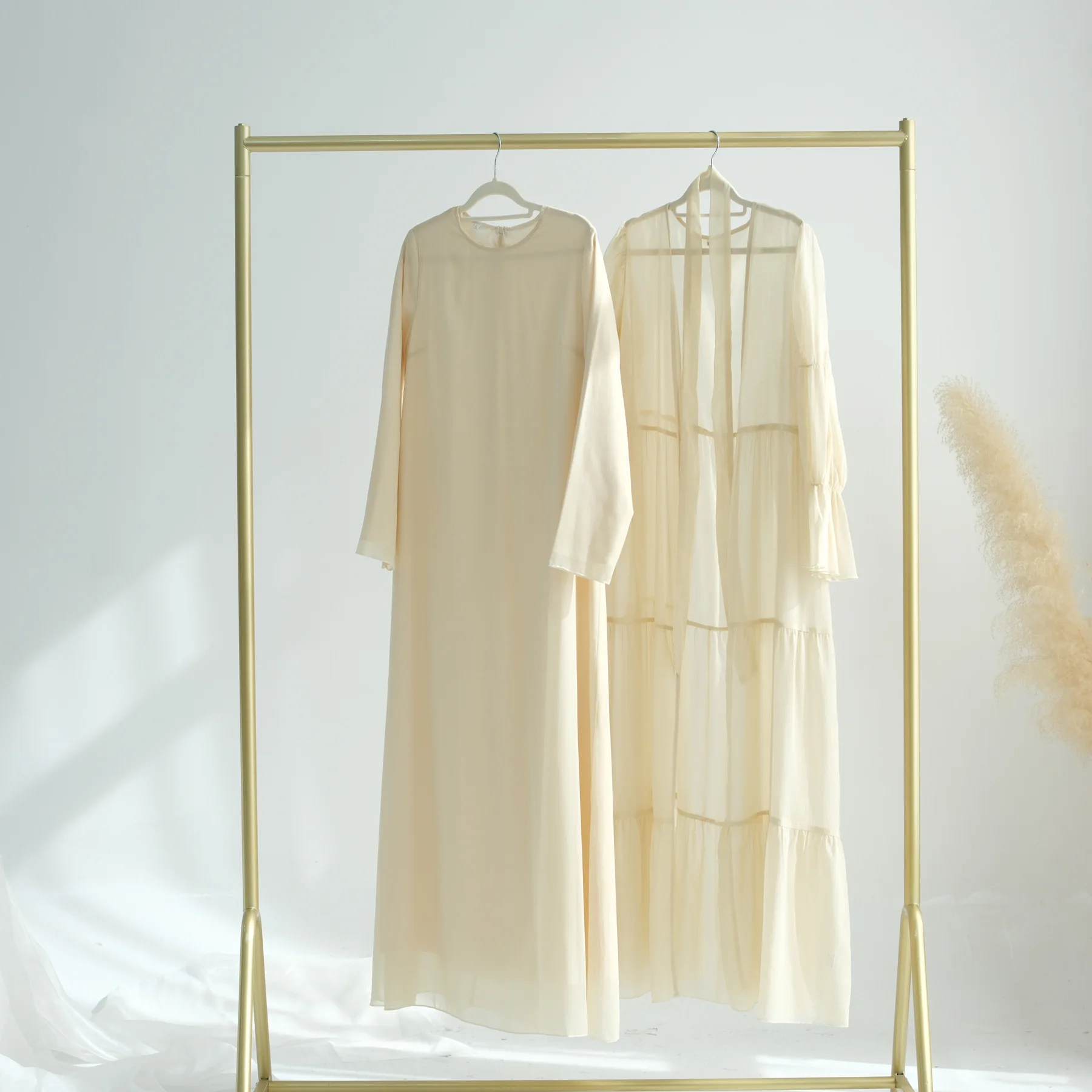 Muslim Set Solid Color Chiffon Long Sleeve Dress and Front Open Abaya Ramadan Abaya Islamic Clothing Women's Modest Dresses