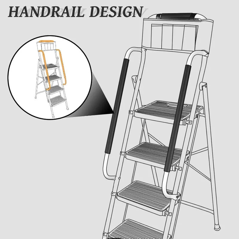 4 Step Ladder with Handrails & Attachable Tool Bag, 330 lbs Folding Step Stool Ladder, Wide Non-Slip PedalBlack