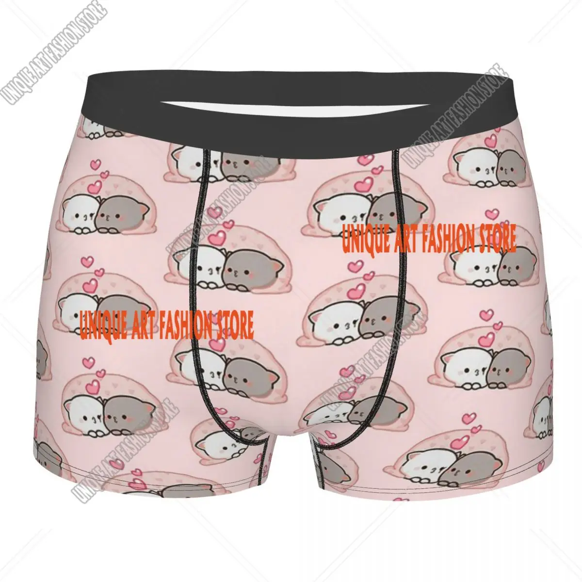 Celana dalam pendek Mochi, celana dalam Boxer, celana dalam motif kucing persik lucu untuk pria