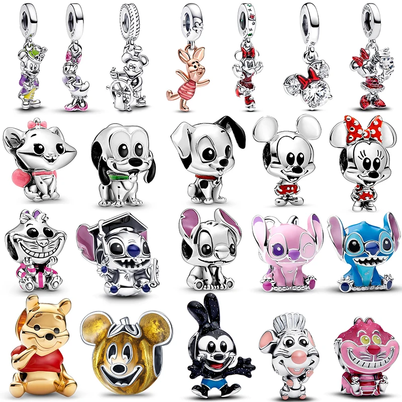Nowy charms Disney, srebro próby 925, zawieszka Mickey Minnie Kubuś Puchatek Stitch, pasuje do oryginalnej bransoletki, DIY, prezent urodzinowy, biżuteria.