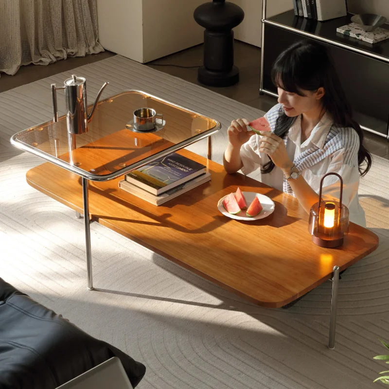 ​ ​ Mesa de centro moderna de madeira maciça, meados do século, 2 camadas, estrutura de aço inoxidável, vidro temperado, minimalista, luxo, móveis de café fyct ​ ​