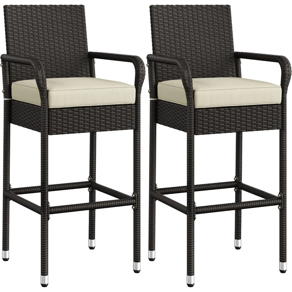 Outdoor bar stool 2-piece set, terrace wicker chair with armrests and footrests, porch, garden, balcony, backyard mat