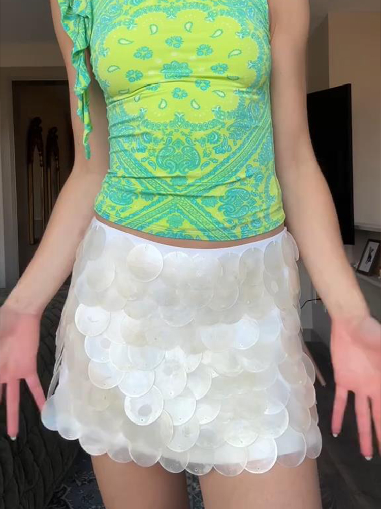 Pailletten Mini Rock Frauen Sexy Schlank Glänzend Mode Chic Kurze Röcke Weibliche 2025, Frühling Sommer Strand Solide Urlaub Streetwears Dame