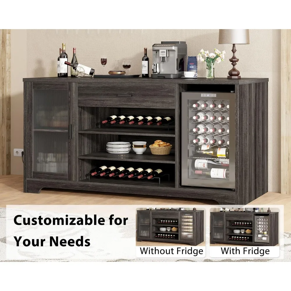 Coffee Bar Cabinet with Wine Mini Fridge Space, Farmhouse Large Liquor Cooler Cabinets with Drawer Storage Rack, Modern Wood Me