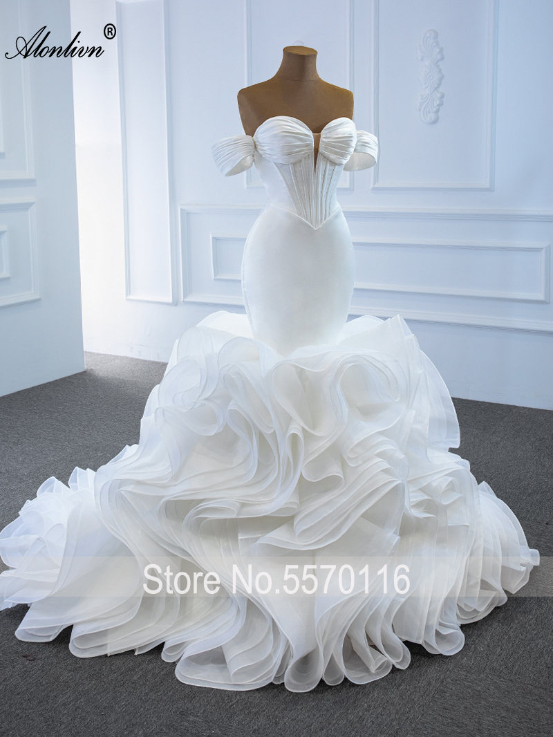 Alonlivn Real Photo Sweetheart Mermaid Weddind Dress con abiti da sposa a tromba con maniche a balze arricciate a strati