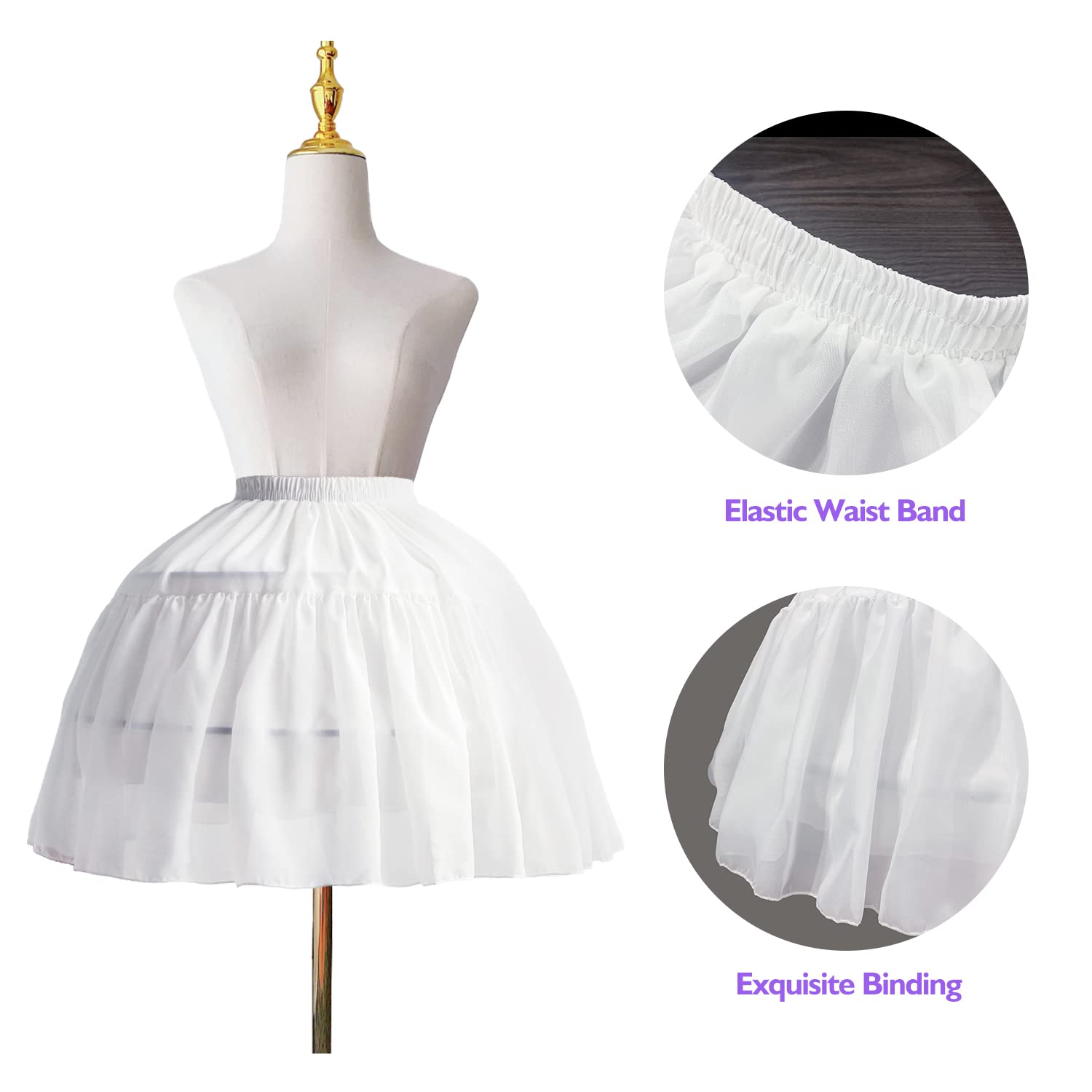 Donne Ragazze Lolita Crinolina Sottoveste Abito da ballo in chiffon Sottoveste Corto 2 Cerchi Sottogonna per Cosplay Abito con orlo grande Bianco