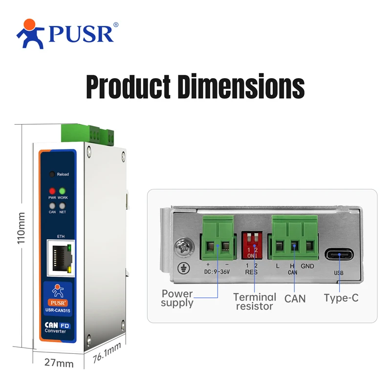 Преобразователь протокола PUSR CANFD CANFD в Ethernet CANFD в RS485 RS232 Modbus RTU в Modbus TCP USR-CAN315/316
