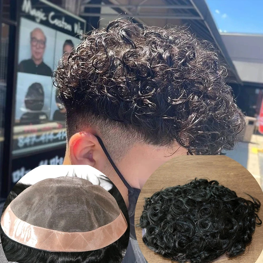 Perucas masculinas de cabelo humano super durável mono 20mm encaracolado peruca prótese capilar unidade de cabelo peças de sistema de substituição para o sexo masculino