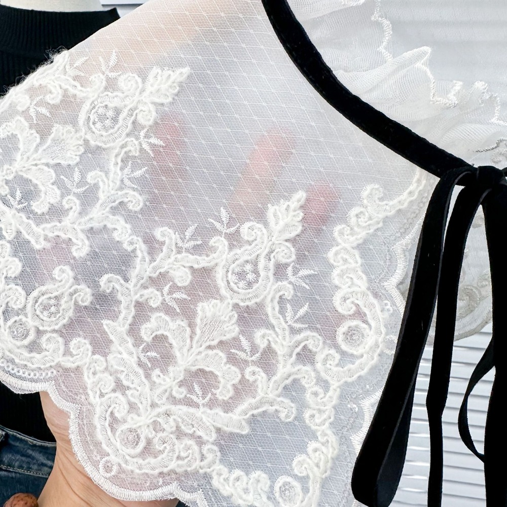 女性のレースのフロントプラケットカラー、オーガンザの刺embroidery、偽のショール、取り外し可能なシャツの襟、ファッション