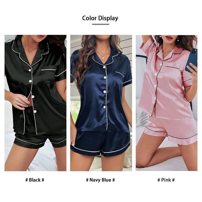 Conjunto de pijama cetim de seda feminino, blusa e shorts com botão baixo, pijamas com colarinho entalhado, loungewear, pijamas de verão, 2 peças