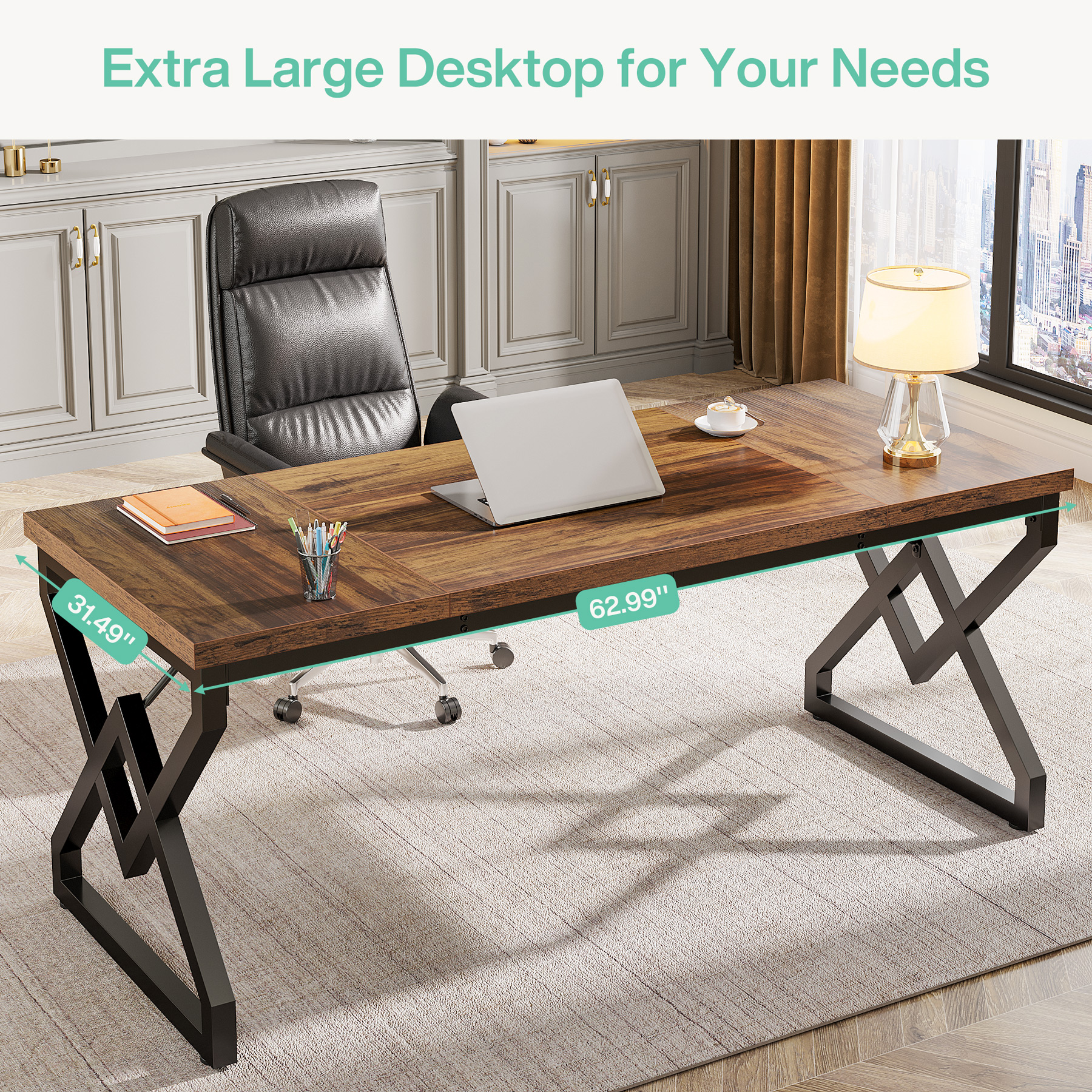 Tribesigns directiebureau, bureau met extra verdikt houten tafelblad en metalen frame, groot computerbureau van 63 inch