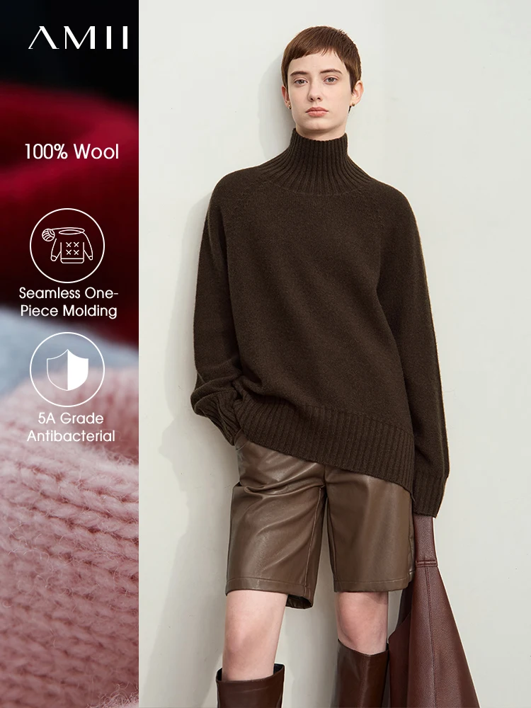AMII минималистичный зимний женский универсальный водолазка 2024, цельношерстяной бесшовный интегрированный антибактериальный свитер 12454040