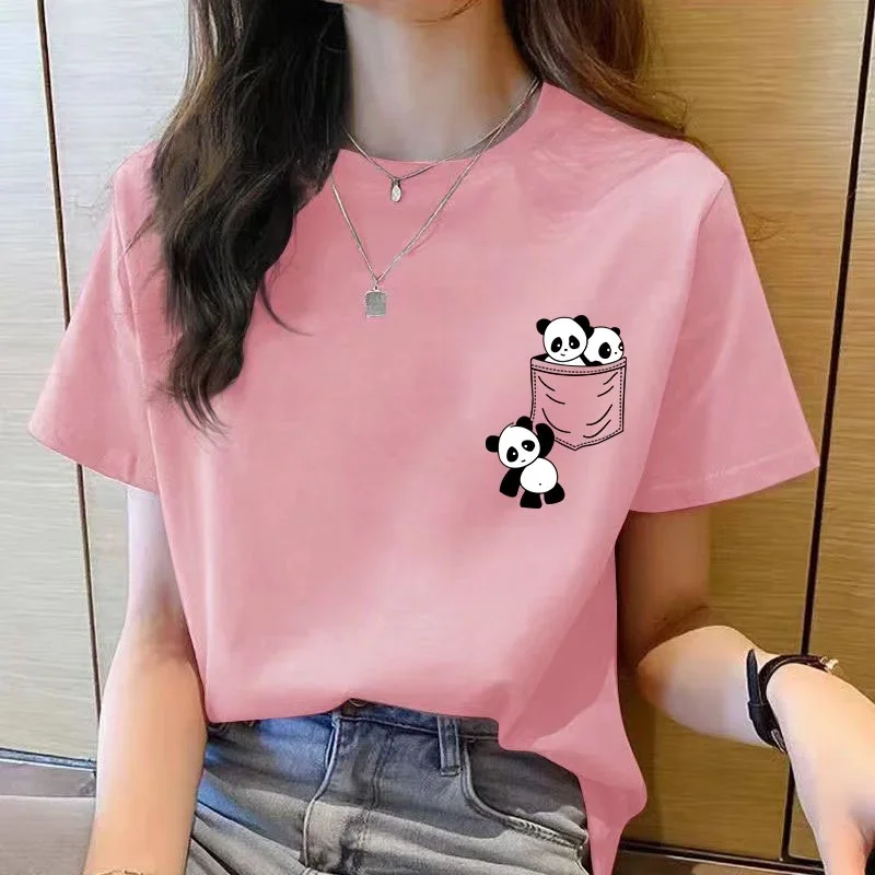 ผู้หญิงแขนสั้นฤดูร้อนใหม่กระเป๋า PANDA การ์ตูนพิมพ์เสื้อยืดเกาหลีแฟชั่นผู้หญิงเสื้อหลวมรอบคอ T เสื้อผู้หญิง