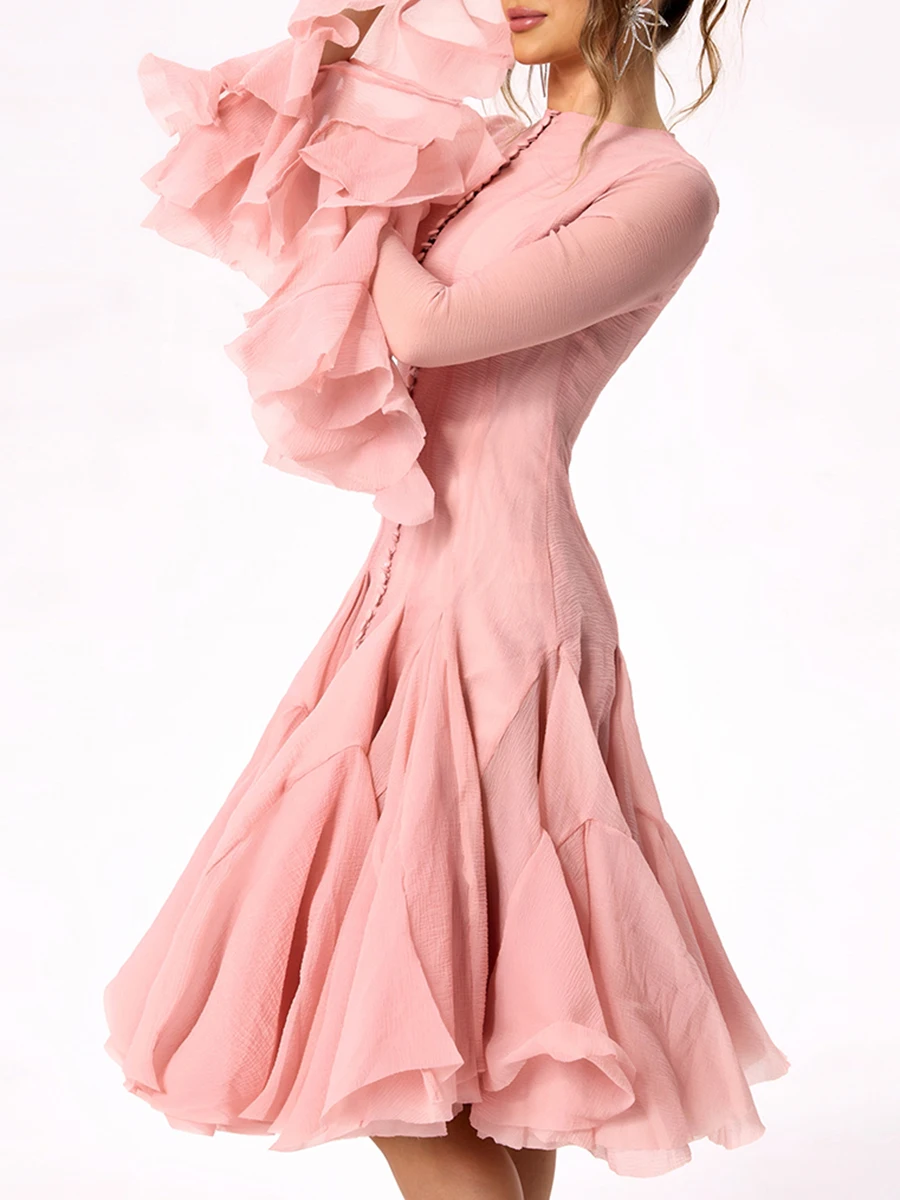 VGH หวาน Ruffles Elegant เข่าความยาวชุดผู้หญิงรอบคอ Flare Sleeve เอวสูง Spliced ปุ่มชุดสายหญิง