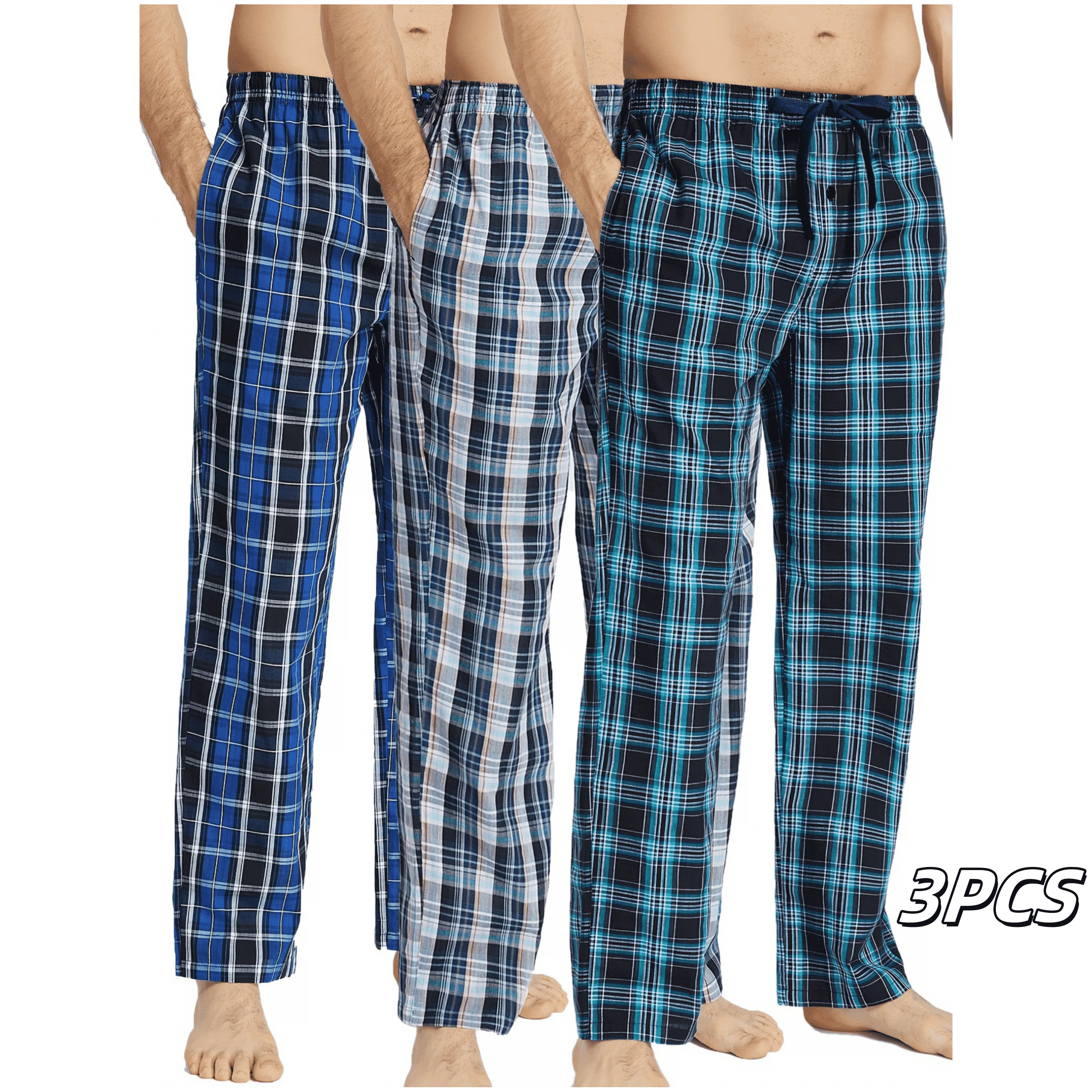JupiterSecret 3 Pçs/set Algodão Xadrez Sleep & Lounge Calças dos homens, pijama Bottoms com bolsos para toda a temporada
