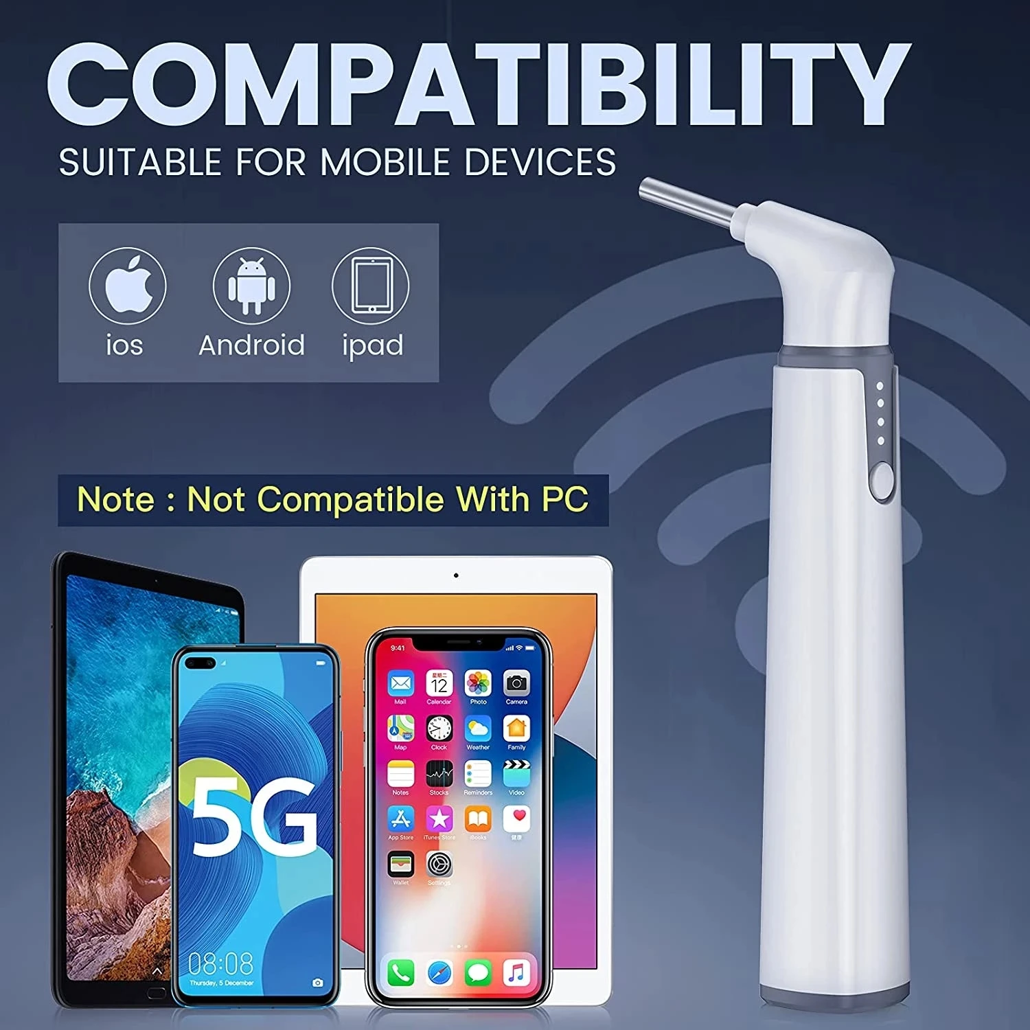 Wireless Otoscope Ear Camera with Dual View, 3.9mm 720PHD WiFi Ear Scope with 6 LED Lights for Kids and Adults, Compatible