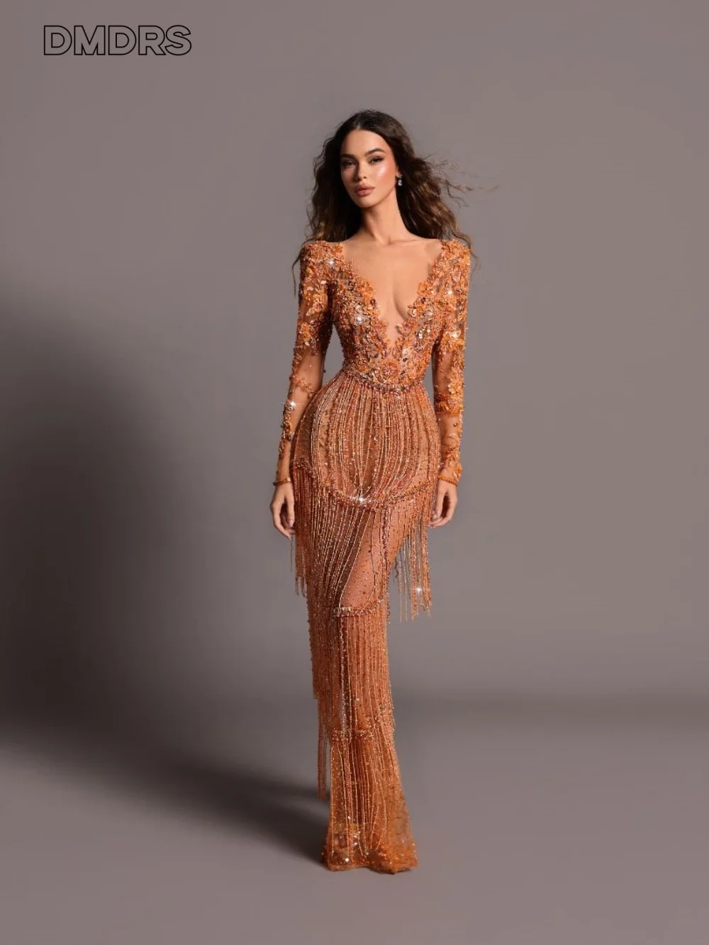 Luxuoso cristal borla vestido de baile requintado manga longa vestido de festa elegante com decote em v a linha até o chão vestidos de noite personalizar