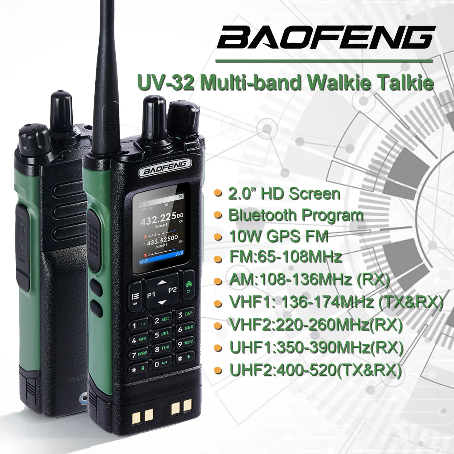 Baofeng UV-32 Multibanda 10W GPS Programa Bluetooth Banda aérea FM Walkie Talkie Pantalla HD de 2.0” Batería de carga USB-C de 2200mAh