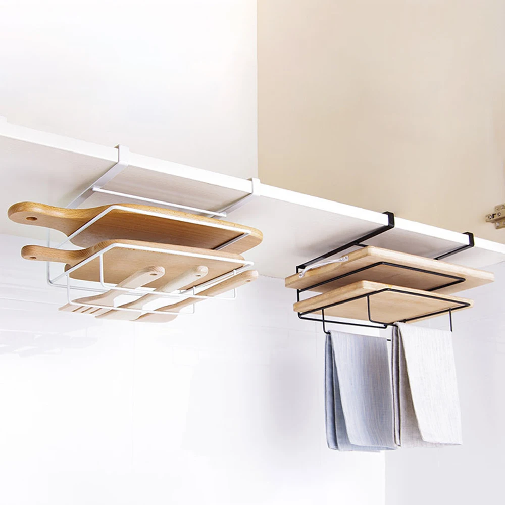 Cutting Board Kitchen Shelf, Double-Layer Perforation-Free Cabinet Hanger, Rag, Cutting Board Storage And Finishing Iron Hanger