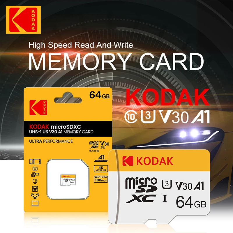 Carte mémoire d'origine KODAK 64 Go 128 Go 256 Go U3 4K Micro SD 32 Go SDHC UHS-I C10 A1 V30 TF SancFlash Microsd