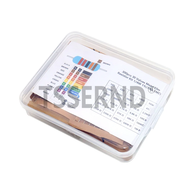 300Pcs 600Pcs 1/4W 금속 필름 저항기 키트 세트 30 값 저항기 팩, 10ohm ~1M 저항 1% 저항기 세트