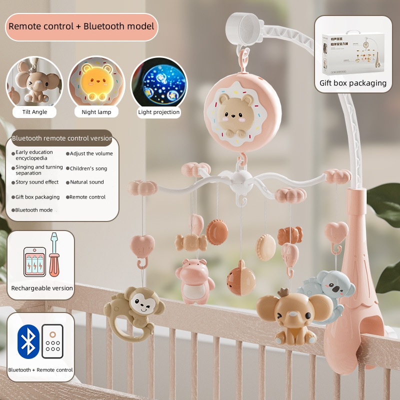 Brinquedos educativos para recém-nascidos, música rotativa elétrica, sino de berço, pode morder, chocalho, luz com função bluetooth, pingente