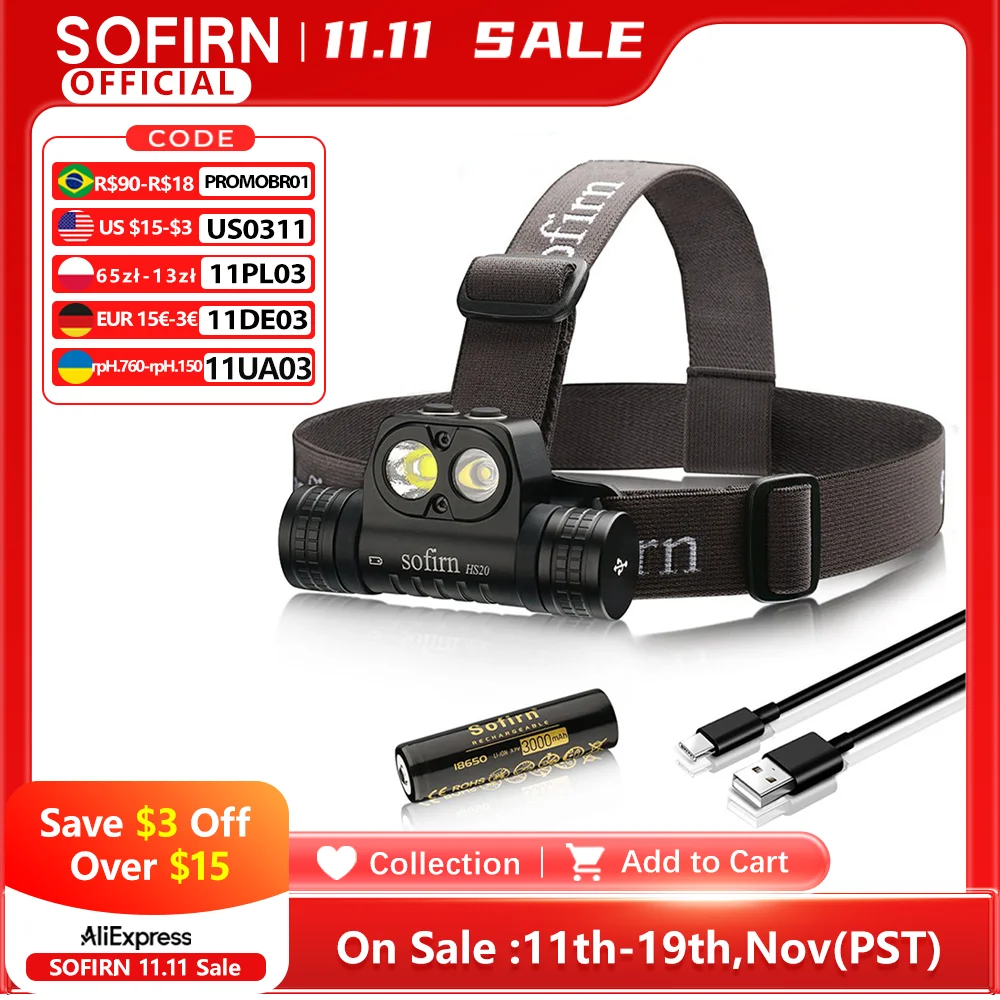Sofirn HS20 USB C Sạc Đèn LED 18650 Mạnh Mẽ 2700lm Ánh Sáng Với Đèn & Pha, 2 Công Tắc Đèn Báo
