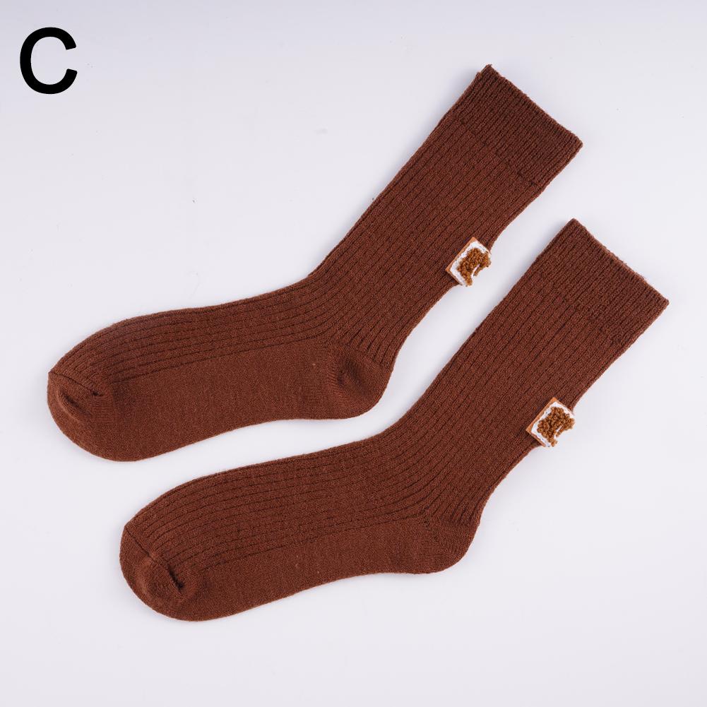 1 Pair Cozy Winter Mid-Calf Cotton Socks With Embroidered Logo - Warm Velvet Thickened Pile, Multicolored - Brown Casual Socks