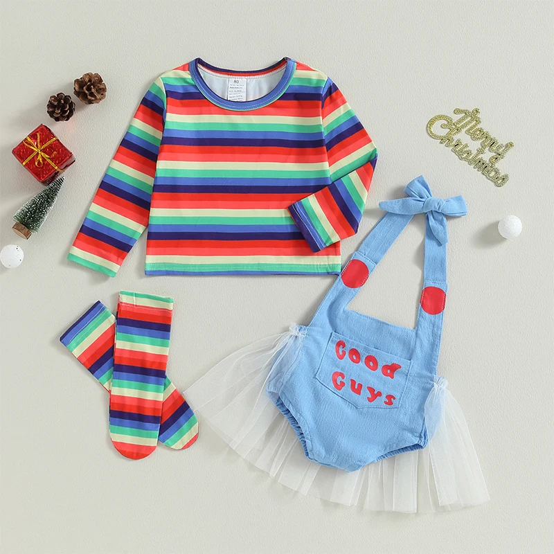 2023-06-18 Lioraitiin 0-5Years Toddler Girl 3Pcs Halloween Set Rainbow Stripe Print Tops Letter Pattern Romper Long Socks
