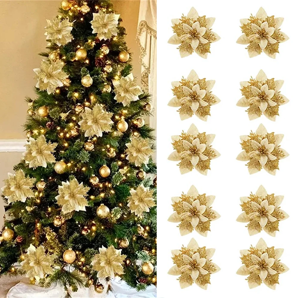 5/10 Uds. Adornos de flores de Navidad de 14,5 cm, flores artificiales rosas, rojas, doradas y brillantes para árbol de Navidad, decoración navideña para el hogar