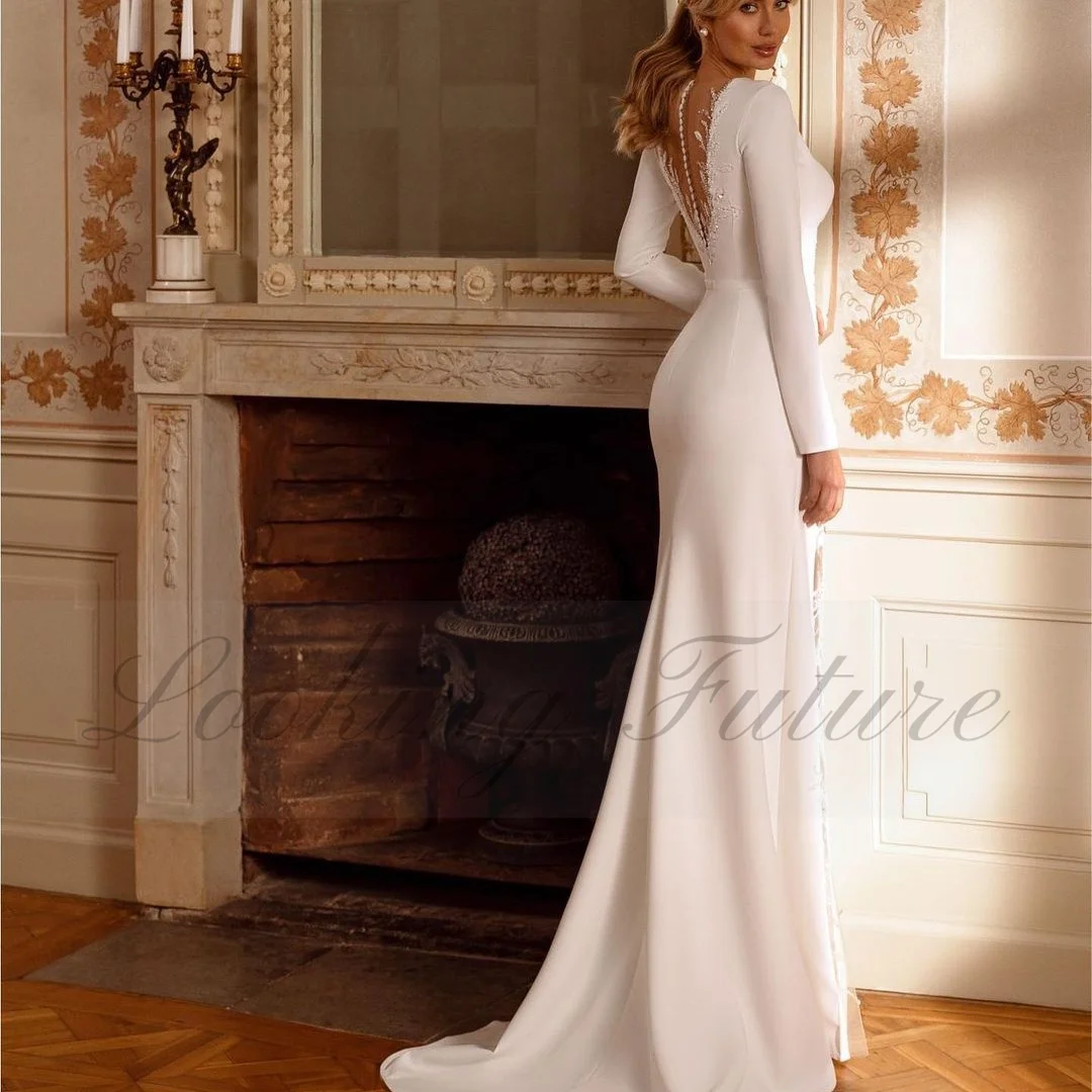 Morden Lace Beading Satin Full Sleeve Wedding Long Dresses For Woman Shiny Tassel Side Splt Button Open Back Vestidos Customized