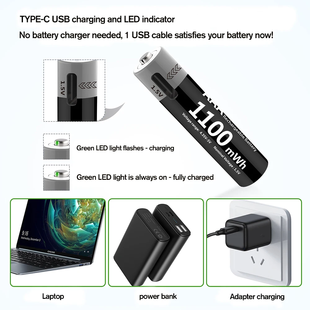 MATOV 1.5V AAA USB Li-ion Rechargeable Battery Aaa 1.5V 1100mWh Lithium Batteries with 4-in-1 Cable for Toys Camera Flashlight