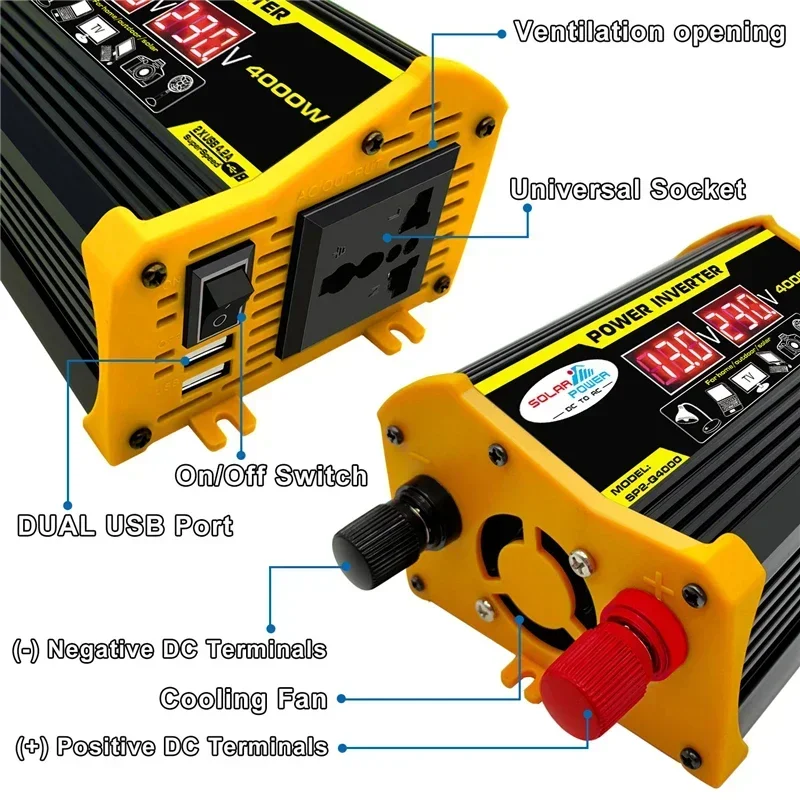Inversor de corriente Universal de 4000W, convertidor de onda sinusoidal modificada de 12V a 110V y 220V, carga electrónica para exteriores con 2 USB de carga rápida