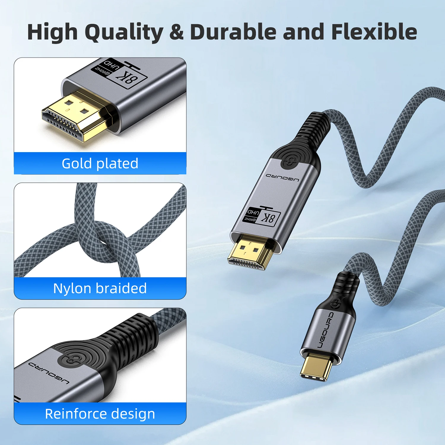 UGOURD USB C to HDMI2.0 Cable Type C to HDMI 4K60HZ Adapter Thunderbolt 3 4 to HDTV 2.0 Converter Cable for iphone 15 16 MacBook
