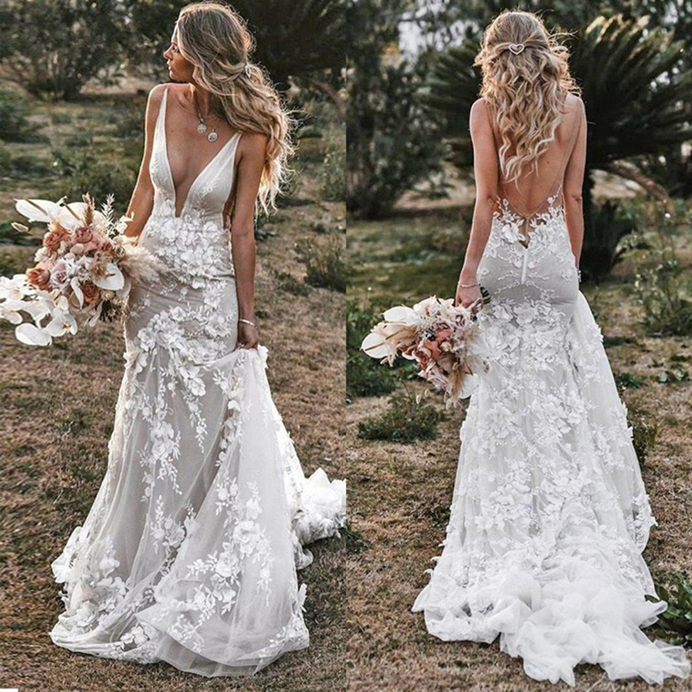 Vintage Mermaid สปาเก็ตตี้ชุดแต่งงาน V คอ 3D ดอกไม้ Appliques Boho Backless ชุดเจ้าสาวแขนกุดรถไฟ Robe ที่กําหนดเอง