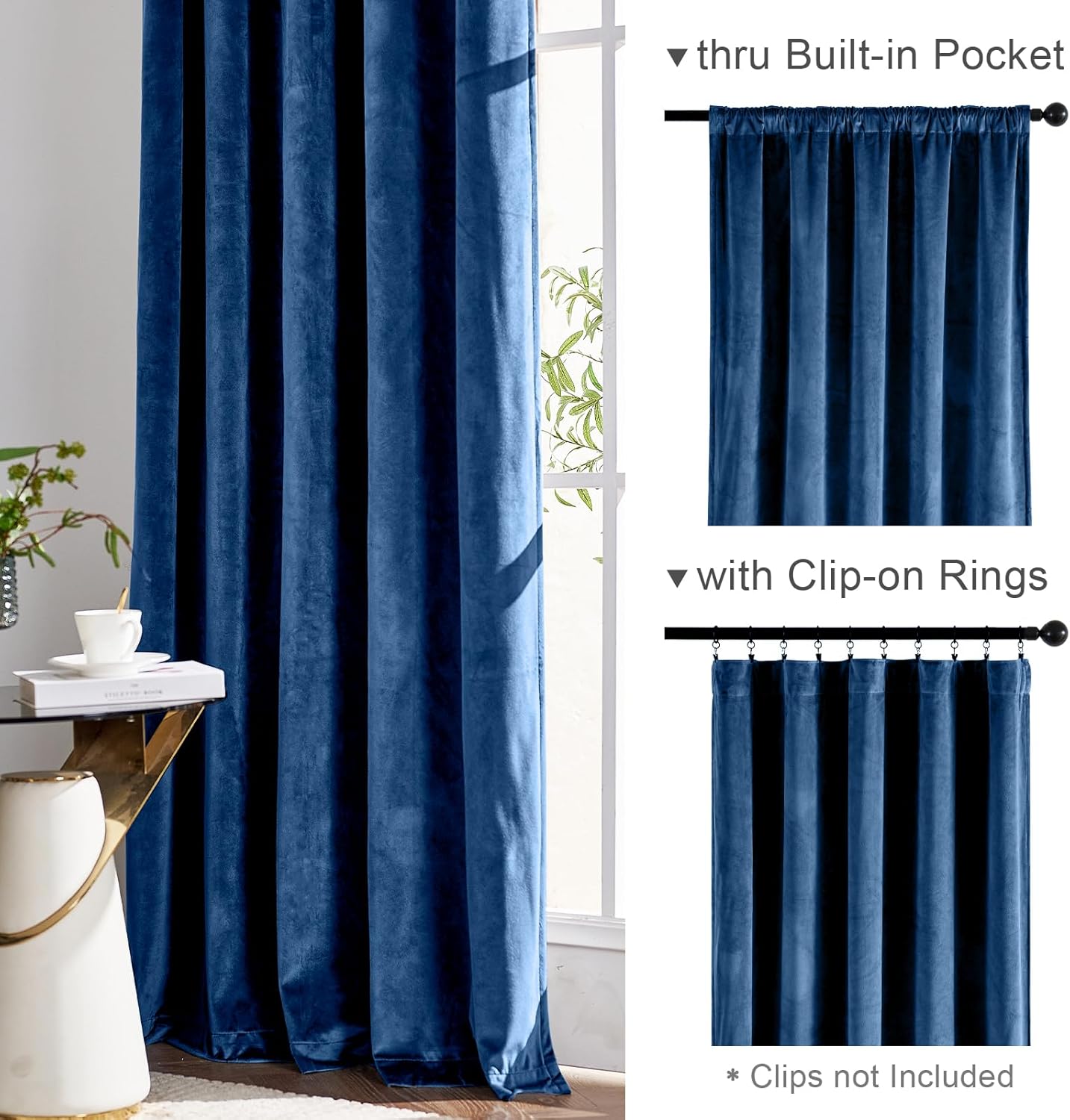 Cortinas opacas de terciopelo azul oscuro, cortinas con aislamiento térmico, cortinas de ventana de 120 pulgadas de largo, corti