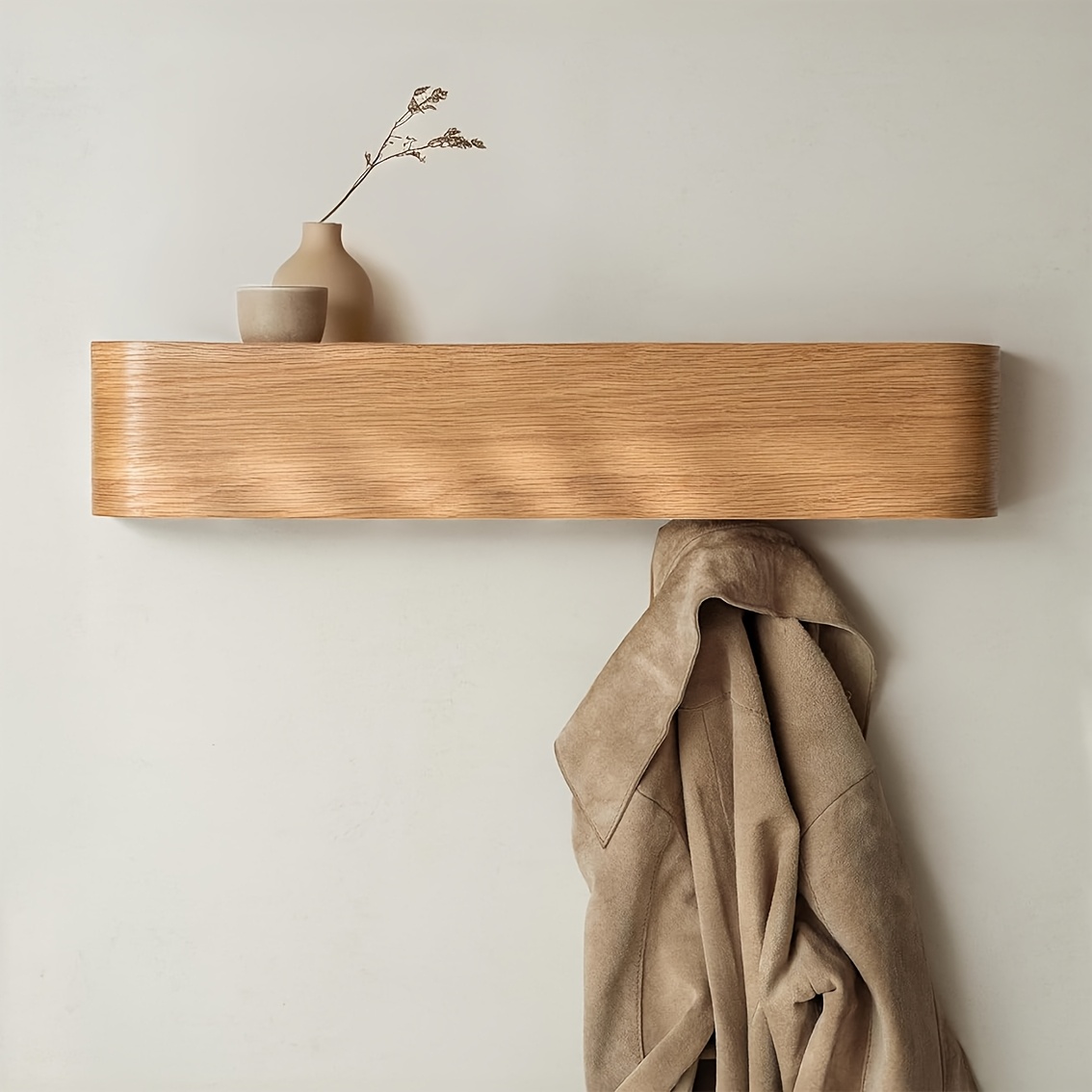 Modern Wall Coat Rack with Hidden Hooks & Shelf. Space-Saving, Solid Wood & Iron. For Entryway, Hallway. Easy Assembly.