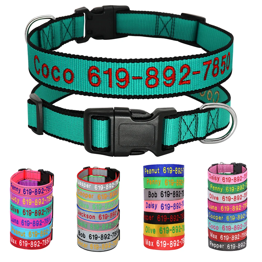 Collar de perro bordado de nailon ajustable, accesorios personalizados con nombre de identificación, collares para mascotas para perros pequeños, medianos y grandes, suministros para mascotas Perro